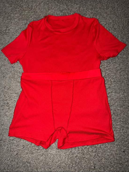 No Brand Other - Red Women's Ribbed Pajama Set - Short Sleeve Top & Shorts